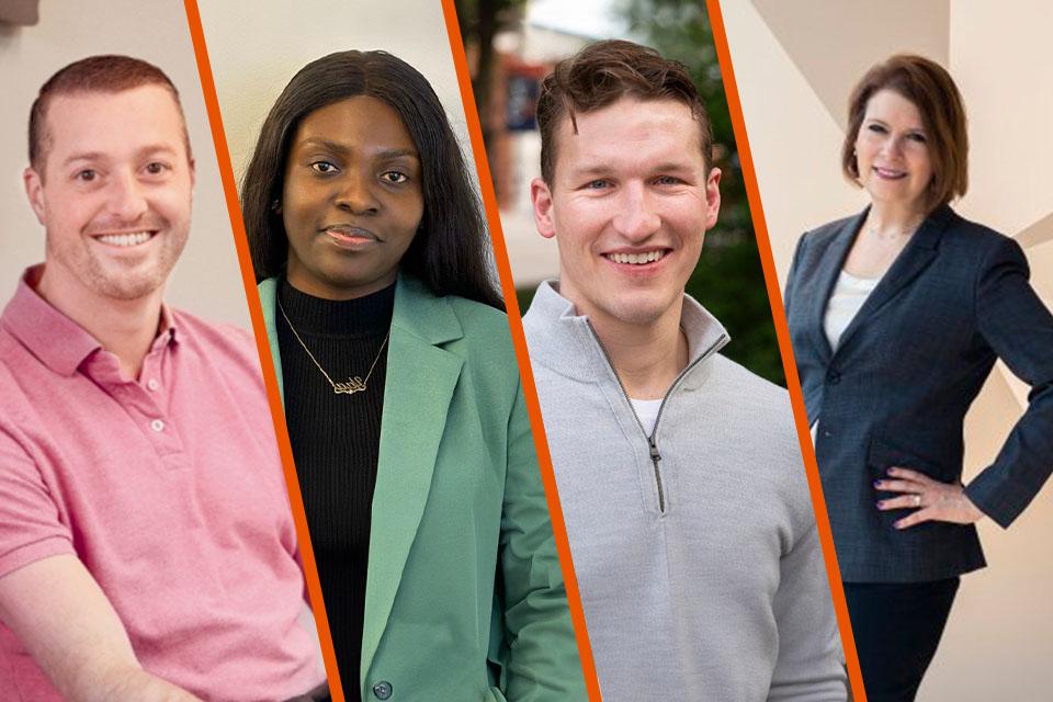 A split screen featuring four headshots of successful Utica University business alumni.